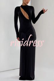 Sexy Cutout Fitted Long-sleeved Pleated Satin Ribbon Maxi Dresses
