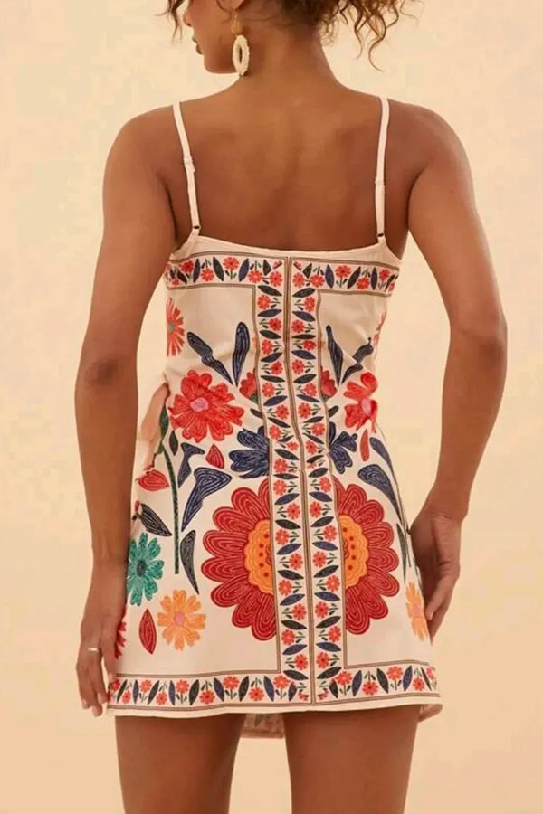 Floral Print V-Neck Suspender Lace-Up Resort Mini Dress