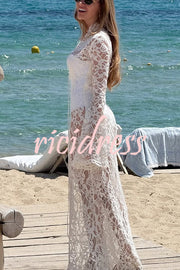 Garcelle Floral Lace Lace-up Long Bell Sleeve Slit Midi Dress