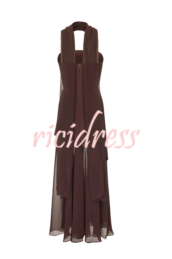 Monaco Off Shoulder Structured Top Chiffon Slit Hem Scarf Maxi Dress
