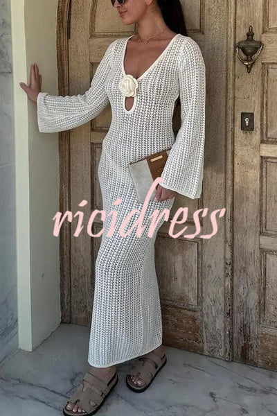 Bahamas Knit Long Bell Sleeve Sexy Backless Holiday Cover-up Maxi Dress