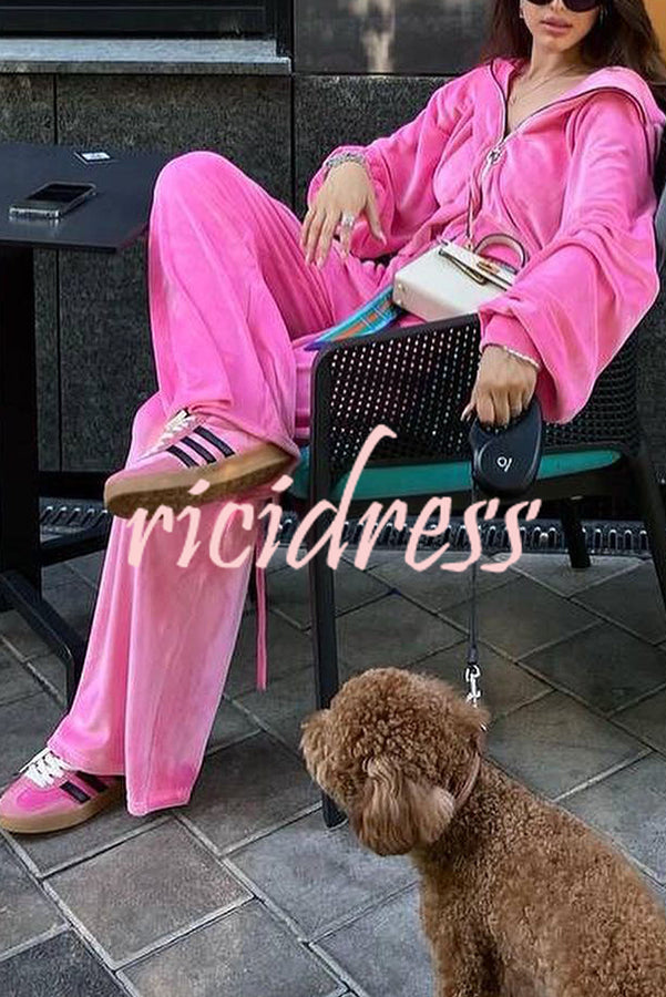 Velvet Zip Up Hooded Top and Drawstring Pants Two Piece Set