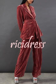 Solid Color Velvet Long-sleeved Waist Tie Top and Elastic Waist Casual Pocket Straight-leg Pants Set