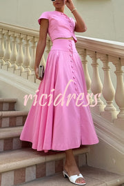 Solid Color Round Neck Button Crop Top and Elegant High Waist Slit Maxi Skirt Set