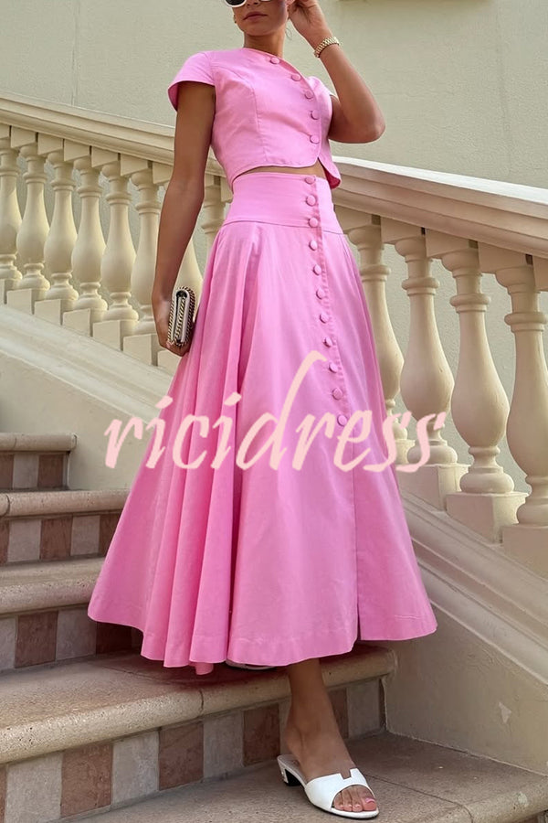 Solid Color Round Neck Button Crop Top and Elegant High Waist Slit Maxi Skirt Set