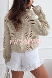 Fashion Hollow Long Sleeve V-neck Button Loose Knitted Cardigan