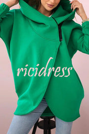 Solid Color Loose Hooded Zip-up Casual Sports Jacket