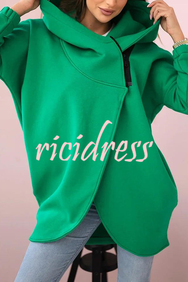 Solid Color Loose Hooded Zip-up Casual Sports Jacket