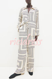 Unique Print Lapel Long Sleeve Loose Shirt and Elastic Waist Casual Pocket Wide Leg Pants Set