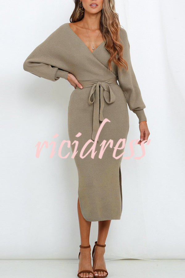 V Neck Dolman Sleeve High Waisted Lace Up Knit Midi Dress