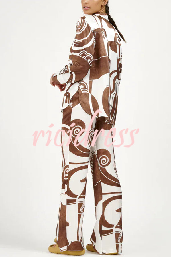 Oceanfront Views Unique Print Long Sleeve Loose Shirt and Elastic Waist Pocketed Pants Set