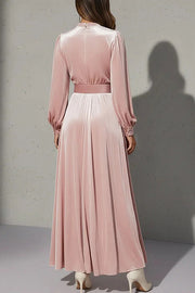 Solid Color Velvet V-neck Long-sleeved Belted Elegant Maxi Dress