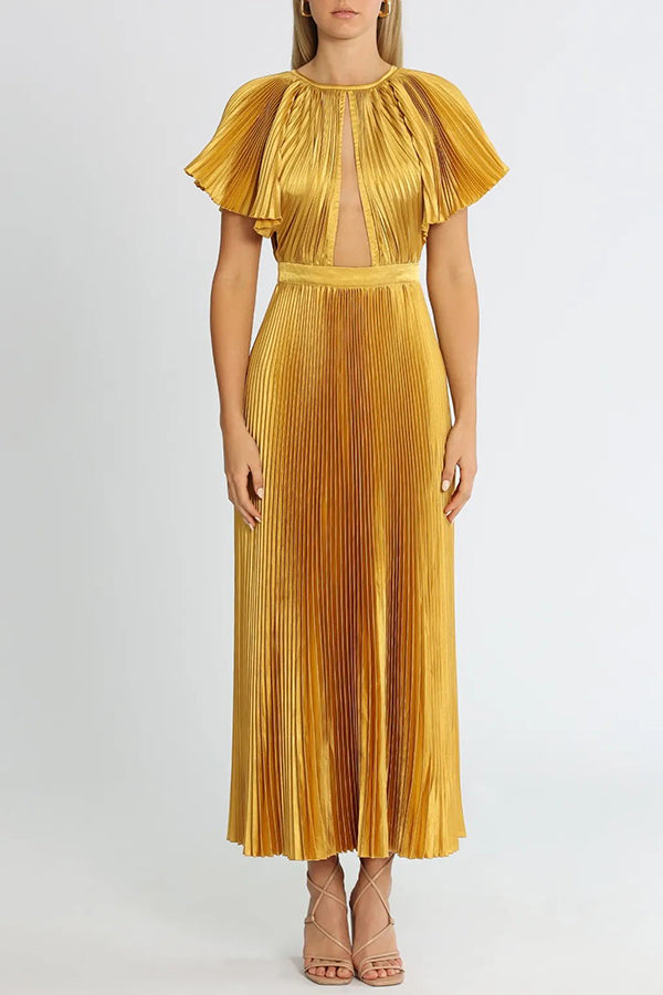 Flash Goddess Satin Pleated Bell Sleeve Cutout Detail Gown Maxi Dress