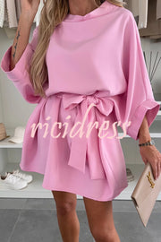 Solid Color Loose Round Neck Belted Mini Dress