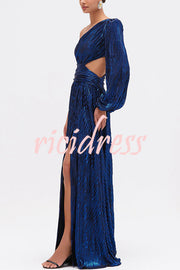 Dazzling Night Metallic Pleated One Shoulder Cutout Balloon Sleeve Gown Maxi Dress