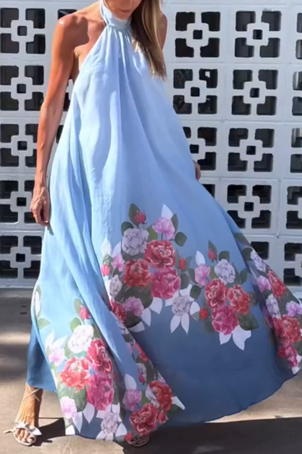Blooming Flowers Satin Printed A-line Halter Tie-up Maxi Dress