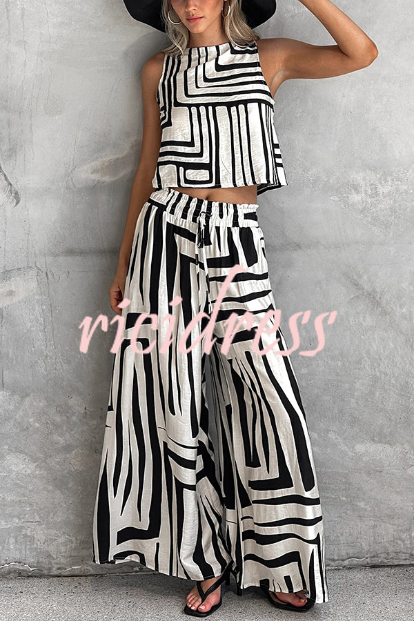 Striped Printed Sleeveless Casual Top and Elastic Waist Loose Pocket Wide-leg Pants Set