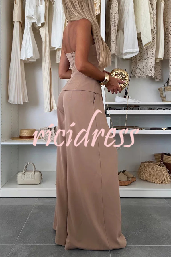 Elegant Solid Color Asymmetric Ruffles Bandeau Top and High Waist Wide Leg Pants Set