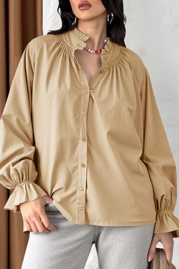 Solid Color V-neck Ruffled Lantern Sleeve Loose Casual Shirt