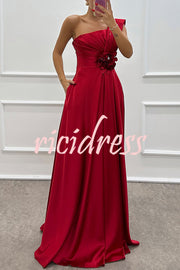 Nasha Satin Pleated One Shoulder Petal Gemstone Detail Pocket Slit Maxi Dress