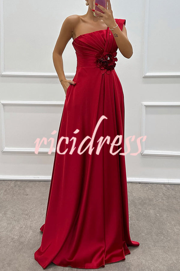 Nasha Satin Pleated One Shoulder Petal Gemstone Detail Pocket Slit Maxi Dress