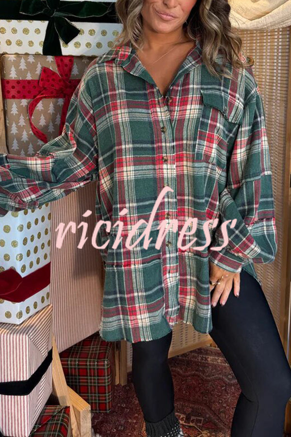 Christmas Morning Plaid Button Down Long Sleeve Pocket Loose Blouse