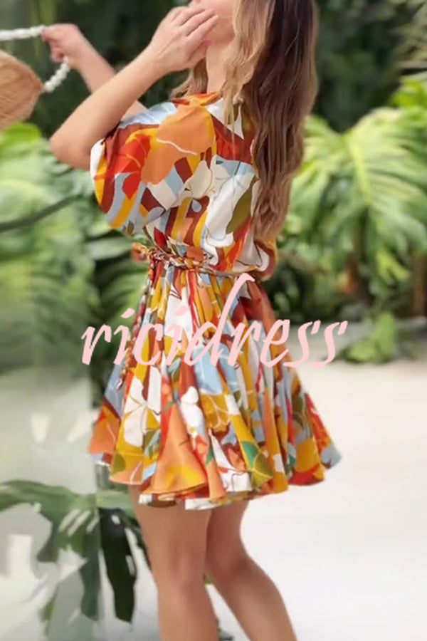 Unique Printed Round Neck Short Sleeve Waist Tie Vacation Mini Dress