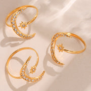 Elegant Super-shiny Zircon Star and Moon Irregular Geometric Ring