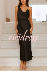 Satin Solid Color Elegant Sling Waist Open Back Maxi Dress