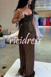 Glitzy Gala Glitter Fabric One Shoulder Ruched Slit Maxi Dress