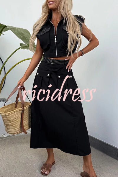 Athleisure Zipper Pocket Sleeveless Jacket and Belted Cargo Midi Skirt Set