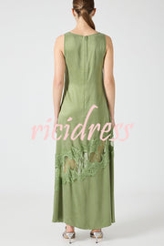 Pretty Soul Satin Lace Trim Wide Neck Irregular Hem Slit Maxi Dress