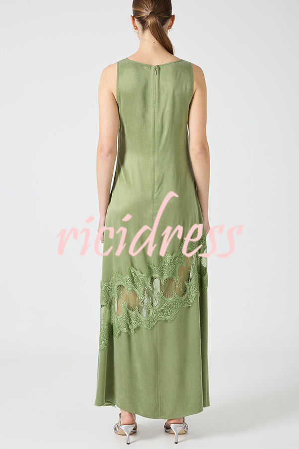 Pretty Soul Satin Lace Trim Wide Neck Irregular Hem Slit Maxi Dress