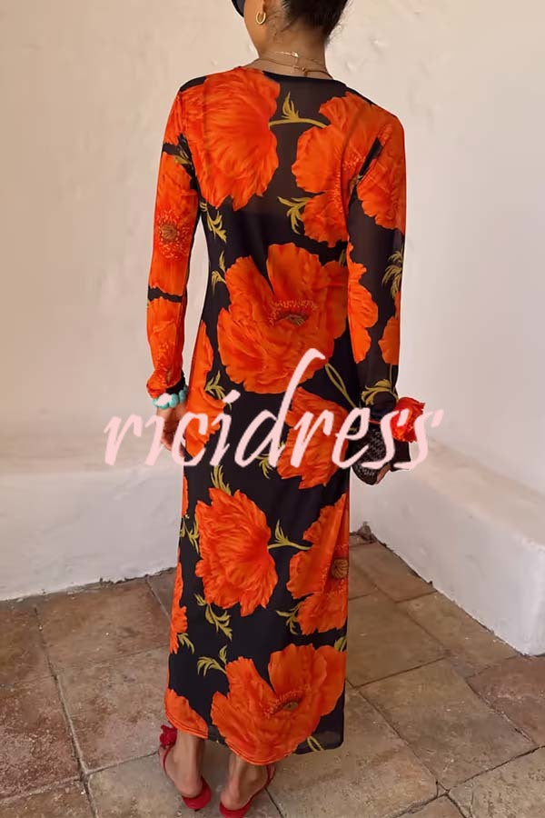 Perfect Cross-season Mesh Poppy Flower Print Long Sleeve Stretch Maxi Dress