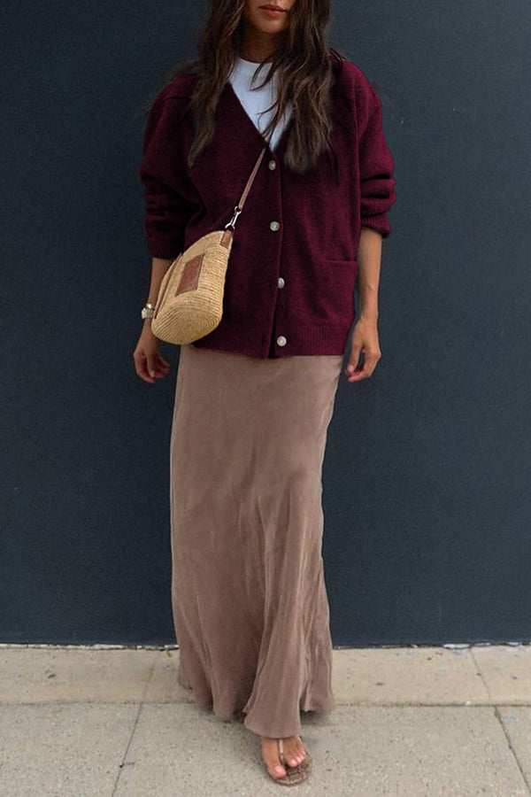 Solid Color V-Neck Button Casual Pocket Knit Cardigan