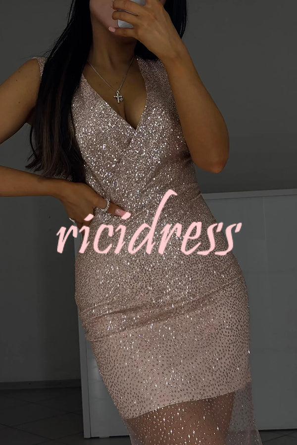 Olivia See-through Mesh Sequin Fabric Warp V-neck Party Maxi Dress