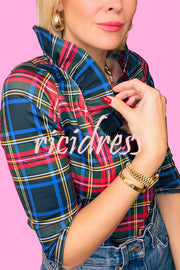 Duke of York Holiday Plaid Ruffle Stand Neck Half Sleeve Blouse