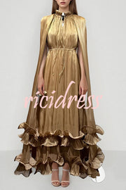 Fashionable V-neck Lace-up Ruffled Double-layer Hem Maxi Dress