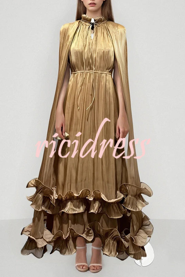 Fashionable V-neck Lace-up Ruffled Double-layer Hem Maxi Dress