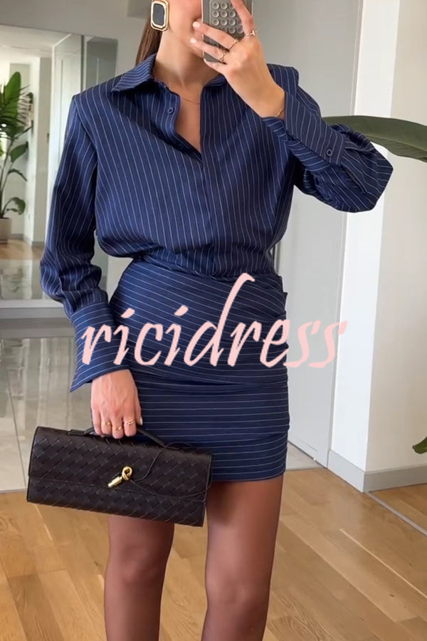Simple and Sexy Stripe Print Long Sleeve Ruched Hem Shirt Mini Dress