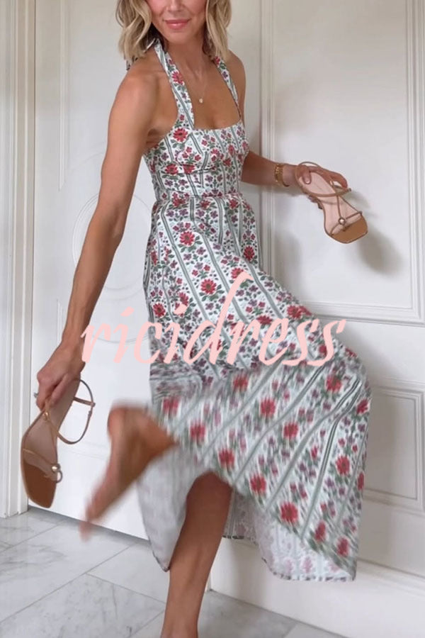 Summer Event Linen Blend Floral Pocketed Halter Maxi Dress