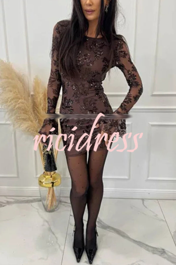Deep and Dazzling Floral Texture Sequin Long Bell Sleeve Open Back Mini Dress