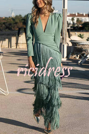 Solid Color V-Neck Long Sleeve Elegant Tassel Maxi Dress