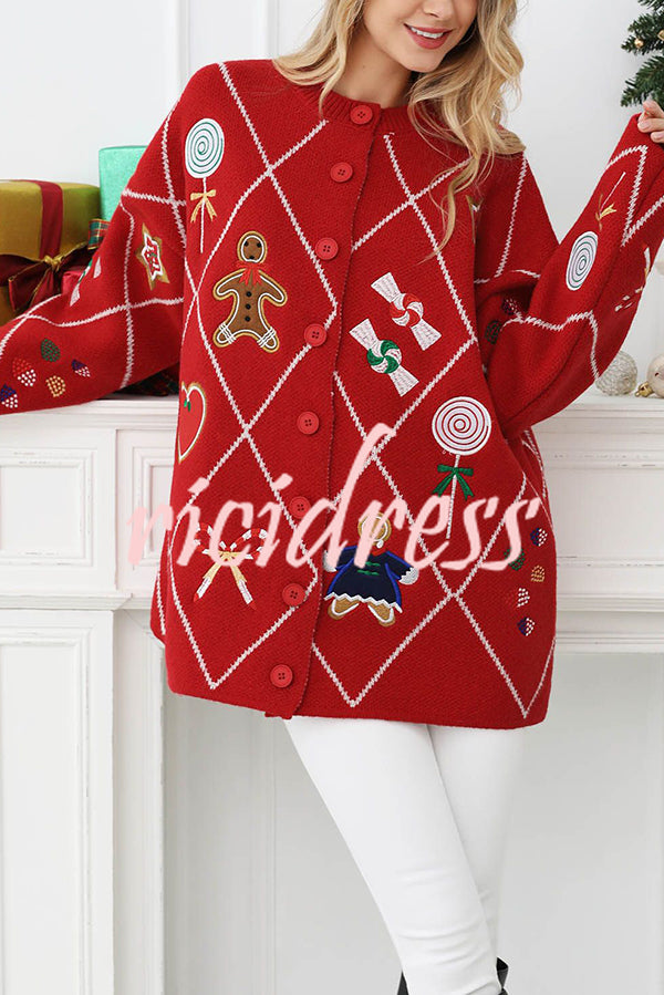 Argyle Candy Gingerbread Man Embroidered Button-knit Cardigan