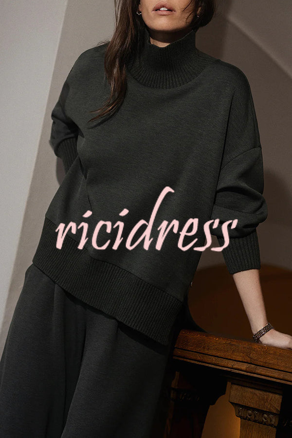 Barker High-Neck Long Sleeve Side Zipper Sweatshirt and Elastic Waist Pocketed Loose Pants Set