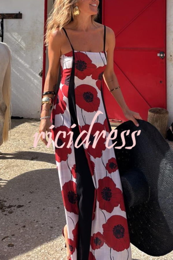 Floral Print Suspenders Paneled Back Pleated Maxi Dress