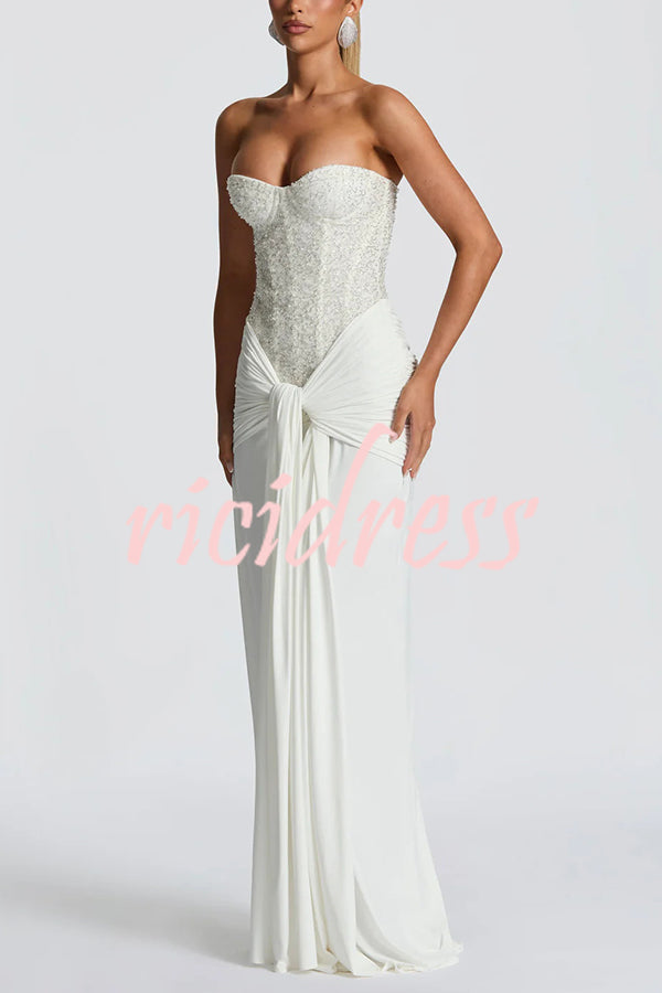 Carina Sequined and Satin Jersey Off Shoulder Ruched Knot Drape Maxi Dress