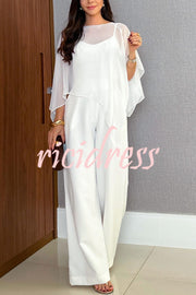 Vanie Chiffon Cape Batwing Sleeve Top and High Waist Pocket Wide Leg Pants Set