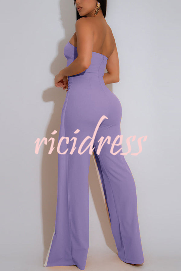 Fashionable Contrast Color Off-shoulder Metal Decoration Casual Elegant Jumpsuit