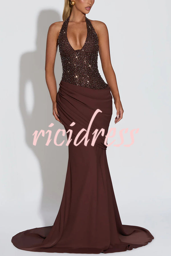 Exclusive Declaration Sequin Halter Neck Back Lace-up Ruched Hem Maxi Dress